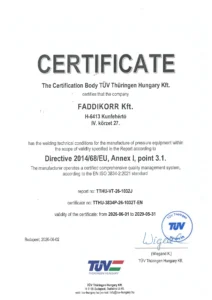 FADDIKORR Kft. Directive 2014/68/EU pressure equipment certificate