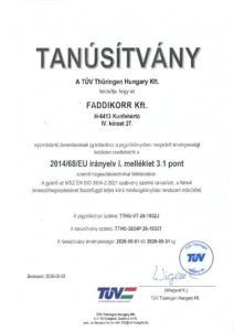 FADDIKORR Kft. 2014/68/EU nyomástartó berendezés irányelv tanúsítvány
