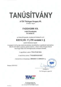 FADDIKORR Kft. 8/2018 ITM rendelet szerinti hegesztési tanúsítvány