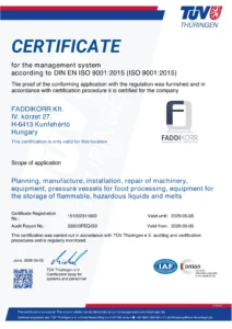 FADDIKORR Kft. DIN EN ISO 9001:2015 quality management certificate