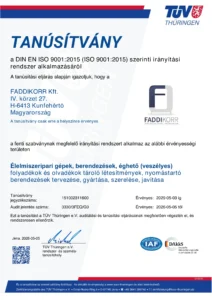 FADDIKORR Kft. MSZ EN ISO 9001:2015 minőségirányítási tanúsítvány